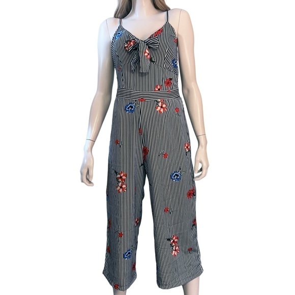 Japna Jumpsuit Romper Pants Floral Stripe Boho Shirred Smocked Tie Front - Picture 13 of 15